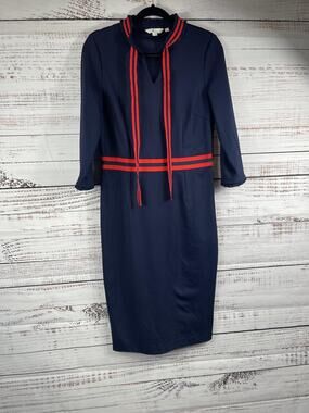 Boden Dress Womens 8 Blue Stripe Ruffle V Neck Sheath 3/4 Sleeve Nautical Trim